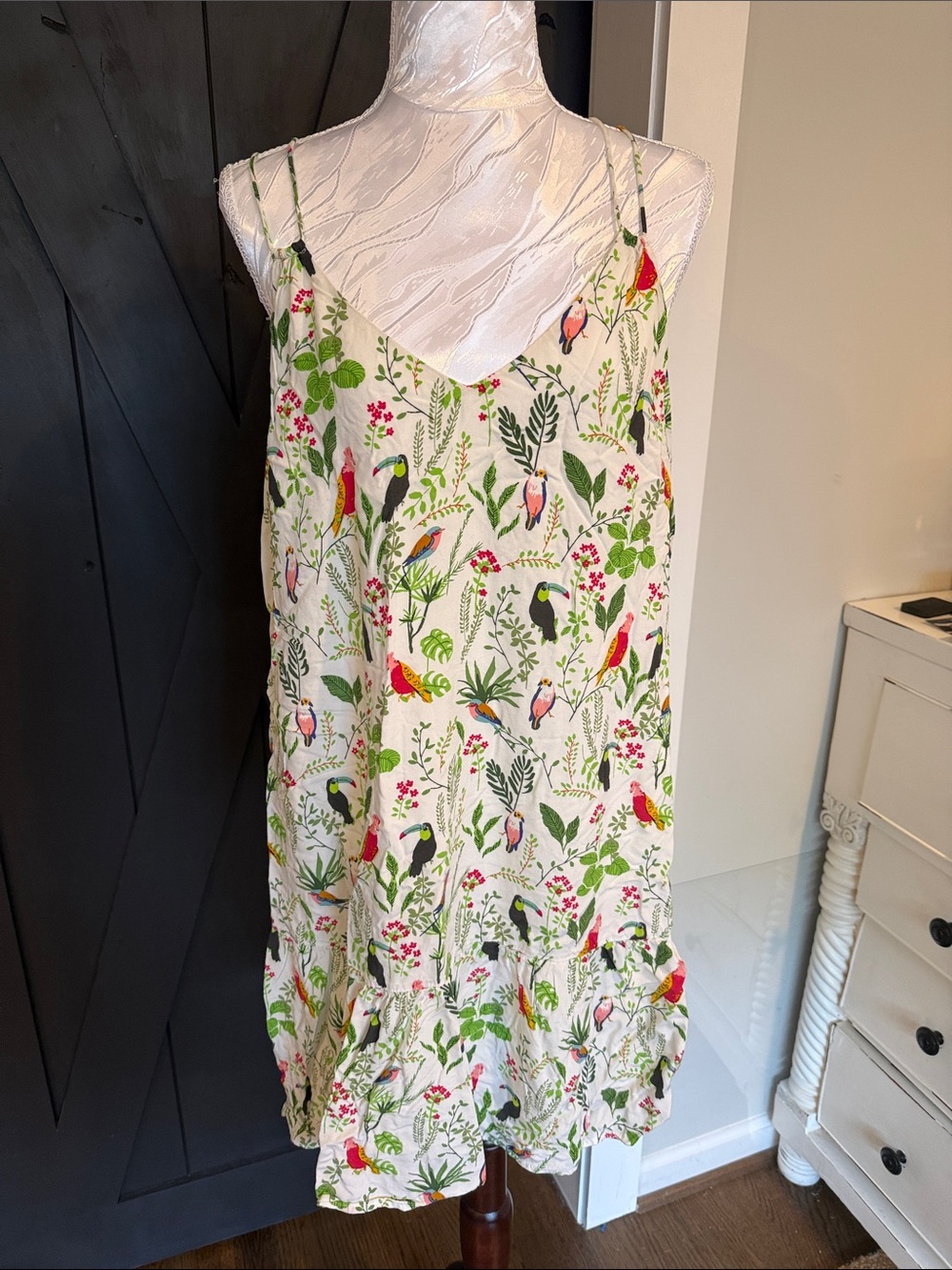 Loft Tropical Bird Print Linen-Blend Slip Dress in Cream & Green